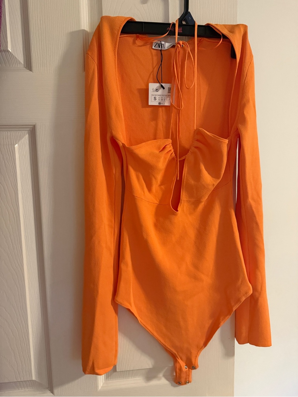 Zara Orange Long-Sleeve One-Piece Bodysuit with Tie Back - Picture 2 of 4